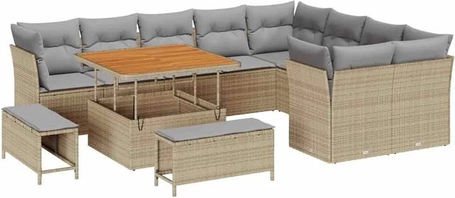 vidaXL Garten-Sofa-Set 12-tlg. mit Kissen und Couchtisch in Beige und Hellgrau - Bild 1