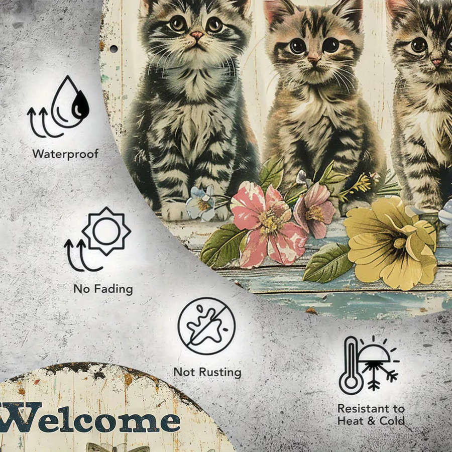 CIFBUY Metallschild Cute Cats Welcome Vintage Wanddekoration aus Aluminium, Durchmesser: 20,3 cm, Mehrfarbig - Bild 4