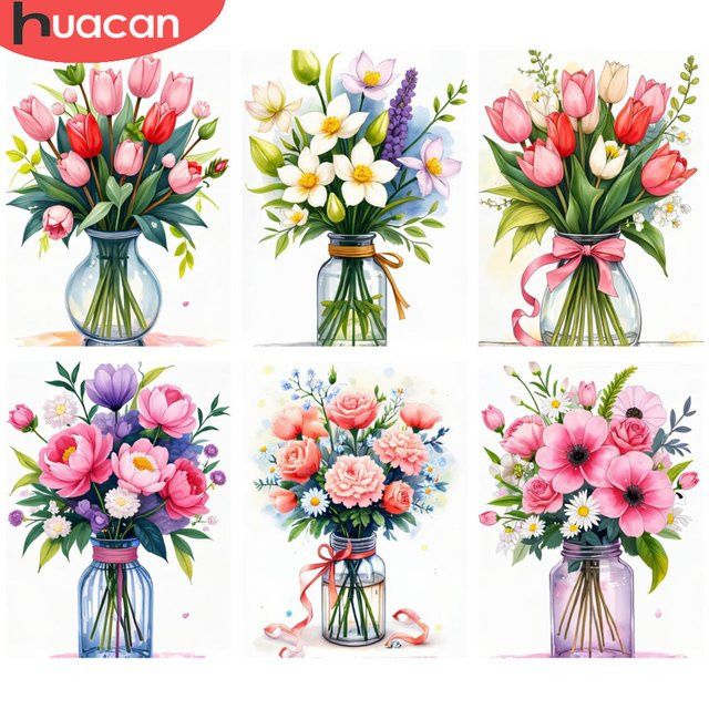 HUACAN Diamantmalerei Set Eleganter Blumenstrauß in Glasvase, 5D DIY Kunst Mosaik mit Strass, Mehrfarbig, B/H: 20 x 30 cm - Bild 1