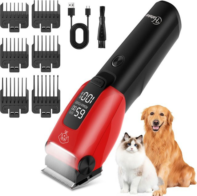 Hatteker Professioneller Elektrischer Tierhaarschneider mit Zusatzlicht für Katzen und Hunde, Kabellos, Schwarz-Rot - Bild 1