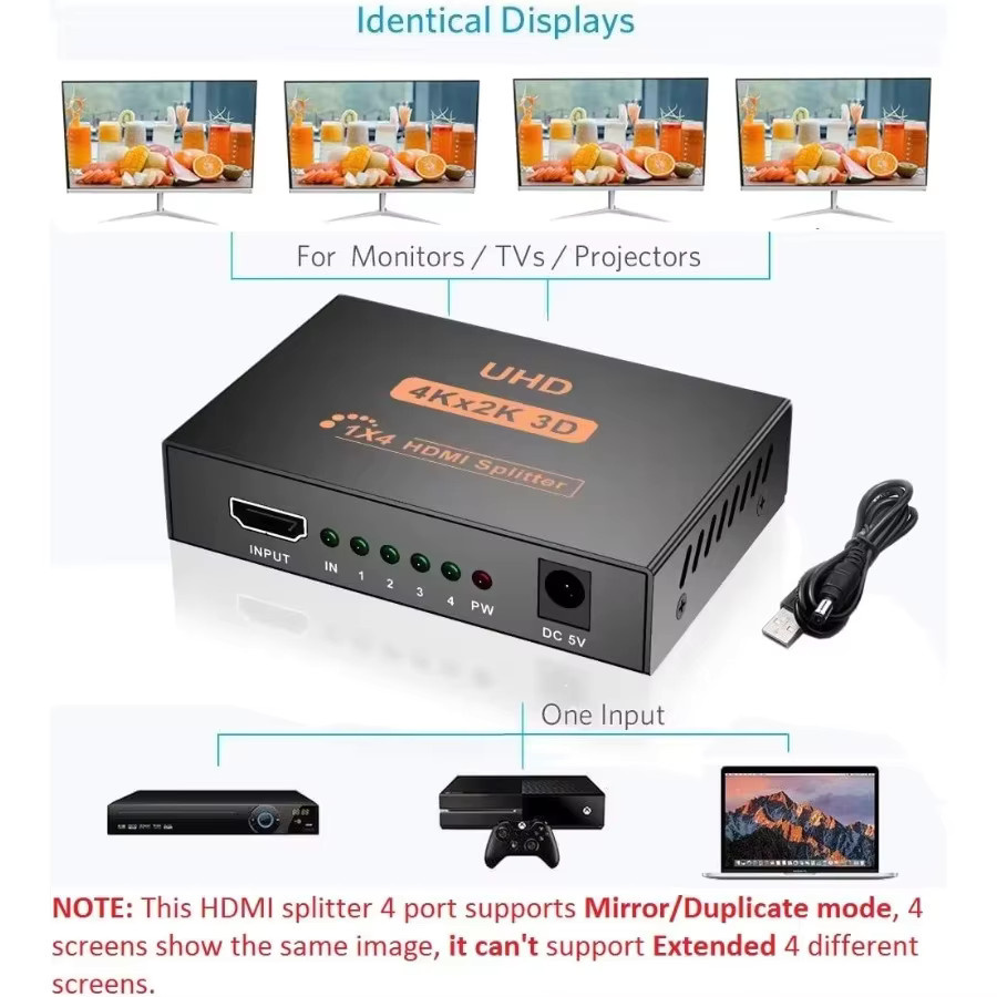 kebidumei HDMI Splitter 1 in 4 UHD 4K x 2K 3D Video Adapter in Schwarz - Bild 2