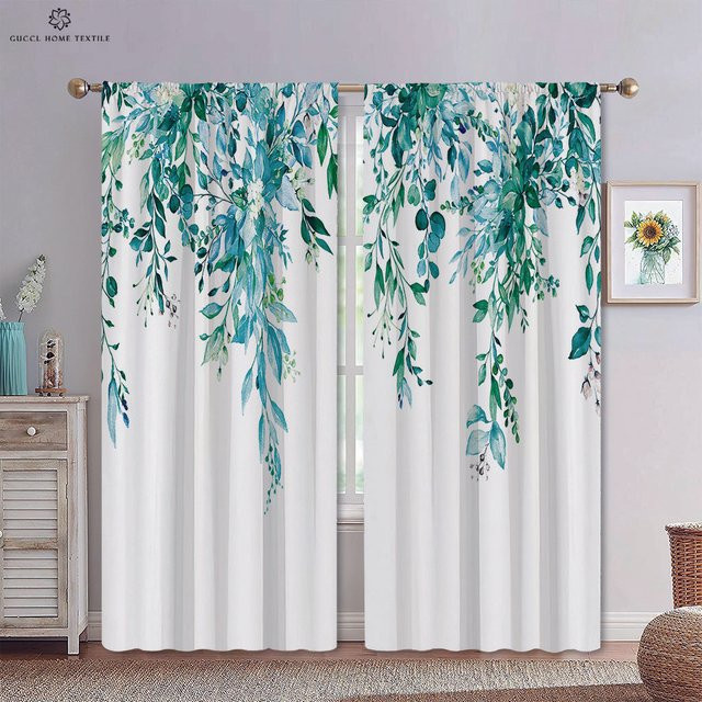 Yiran Furniture Fenstervorhang mit floralem Blattdruck aus Polyester, semi-transparent, Mehrfarbig, 2er-Set, Breite: 50 cm, Höhe: 130 cm - Bild 1
