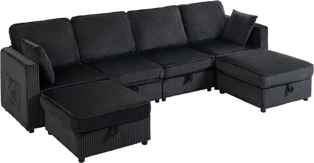 HOMCOM Ecksofa 4-Sitzer in U-Form mit Stauraum-Ottomane und 4 Kissen, Cord-Optik, Dunkelgrau, Breite: 306 cm - Bild 1