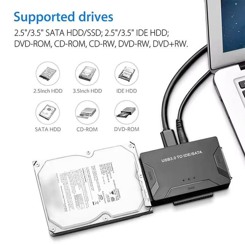 Congdi SATA/IDE zu USB 3.0 Adapter Konverter für 2,5 und 3,5 Zoll HDD SSD mit 12V 2A Netzteil in Schwarz - Bild 3