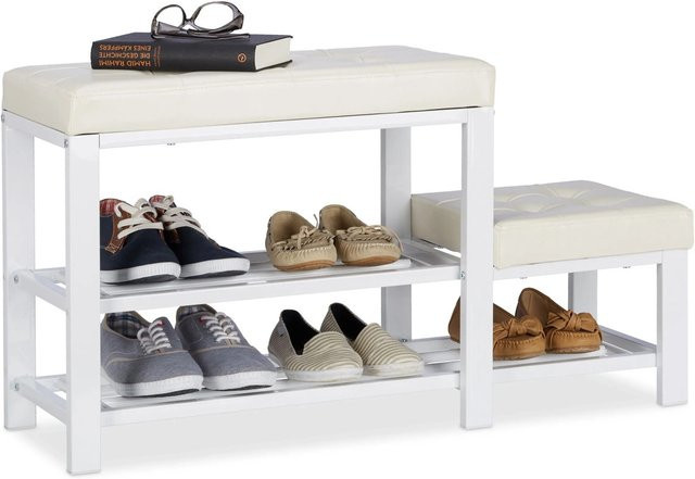 Relaxdays Schuhbank mit Hocker in Weiß, 2 Ebenen, Kunstleder und Metall, B/T/H: 90,5 x 50 x 30,5 cm - Bild 1