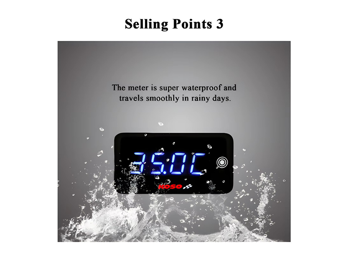 Koso 3 in 1 Digital Messgerät für Motorräder mit LCD-Anzeige zur Messung von Zylindertemperatur, Spannung und Zeit in Schwarz - Bild 4