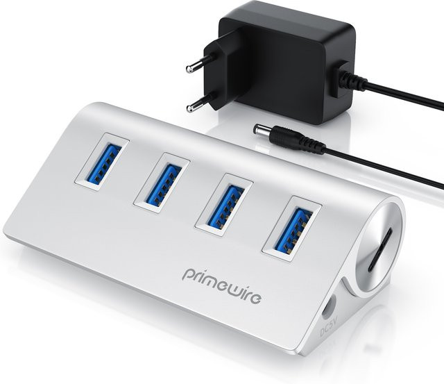 Primewire USB 3.2 Gen2 Hub aktiv mit Netzteil, 4 Port USB-A Verteiler in Silber, kompatibel mit Notebook, Laptop, PC, iMac und MacBook - Bild 1