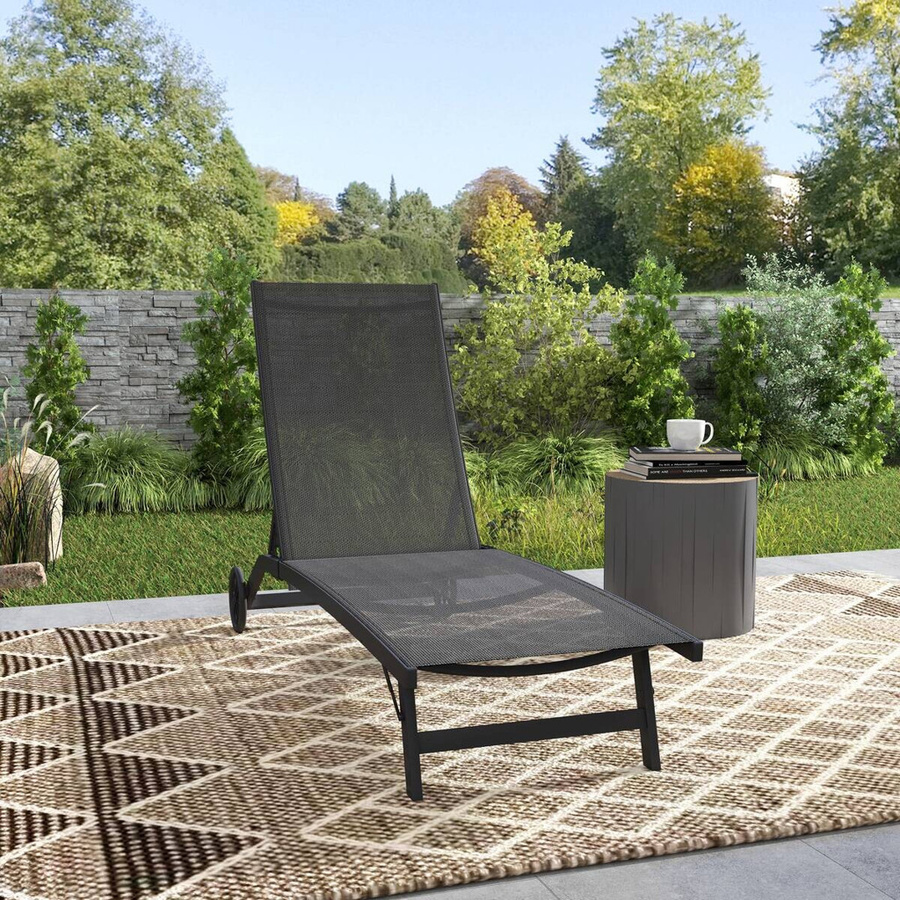 Outsunny Sonnenliege aus pulverbeschichtetem Aluminium in Schwarz mit verstellbarer Kopfstütze und Rollen, B/H/L: 165 x 102 x 66 cm - Bild 5