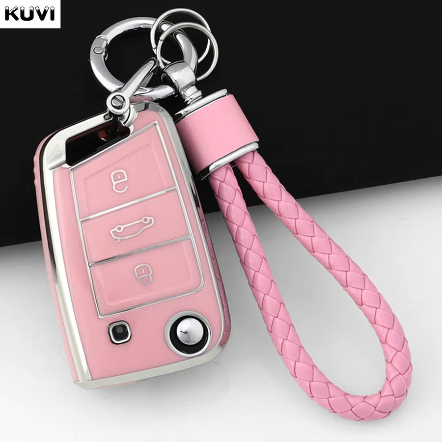 Kuvi TPU Schlüsselhülle für VW Golf 7 MK7 Tiguan MK2 SEAT Ateca Leon FR2 Ibiza und Skoda in Pink - Bild 2