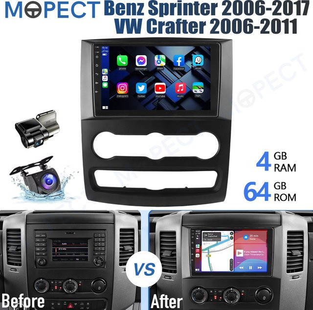 MOPECT Android 15 Autoradio mit 10 Zoll Display, 4+64GB, WiFi, CarPlay, GPS, Bluetooth, DVR & AHD für VW Crafter 2006-2011 und Mercedes Sprinter 2006-2017, Schwarz - Bild 1
