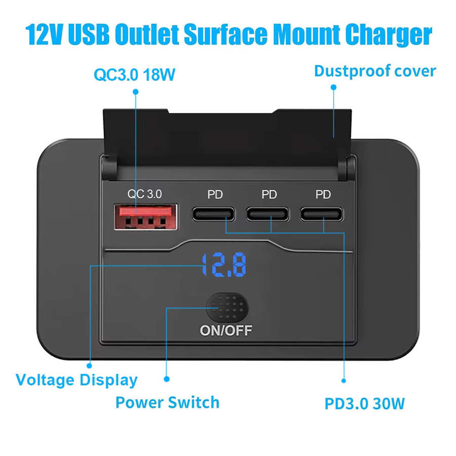 Kebidumei 108W 4-Port 12V USB-Steckdose mit 90W PD und QC 3.0 18W Port, Autoladegerät mit Schalter und Spannungsanzeige in Schwarz für Auto, Bus und Wohnmobil - Bild 2