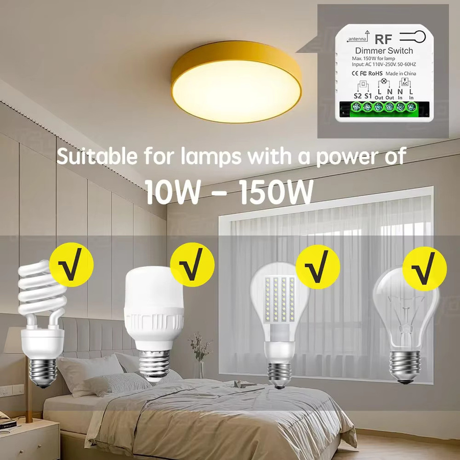 Tedeligo LED-Dimmerschalter 433 MHz 220 V in Weiß mit 2-Wege-Steuerung und Drucktastenschalter für 10–150 W LED und Halogen - Bild 5