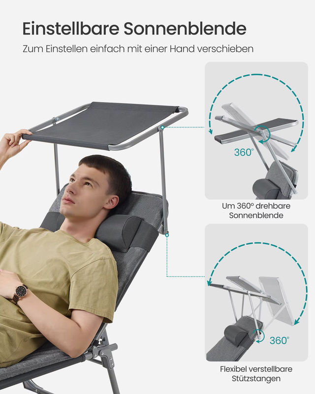 SONGMICS Sonnenliege mit Sonnendach und verstellbarer Rückenlehne, klappbarer Liegestuhl mit Kopfstütze und 3 cm dicker Auflage, Grau/Schwarz - Bild 4