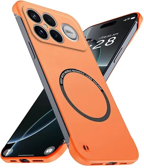 Magnetische rahmenlose Handyhülle für Xiaomi Poco F8 F7 Pro Ultra in Black und Orange mit Skin Feel und Wireless Charging Unterstützung - Bild 1