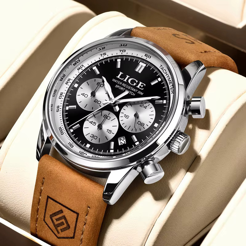 LIGE Armbanduhr Chronograph, Quarz, Leder, Schwarz, Herren - Bild 6