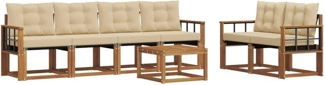 vidaXL Outdoor-Sofagarnitur 7-teilig aus Akazienholz mit Textilene und Kissen in Natur und Beige - Bild 1