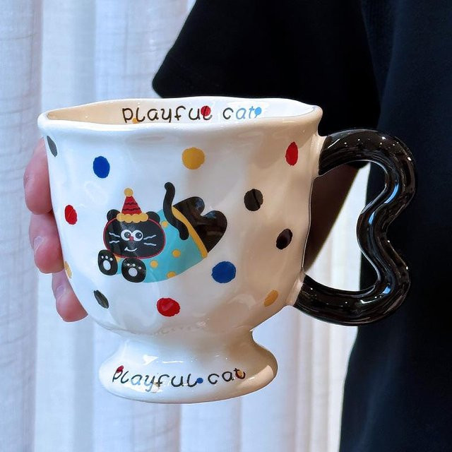 Yiran toy 1 Keramiktasse mit Deckel und Löffel, gepunkteter Welpe Design, 400 ml, erhältlich in Weiß, Gelb, Blau und Pink - Bild 1