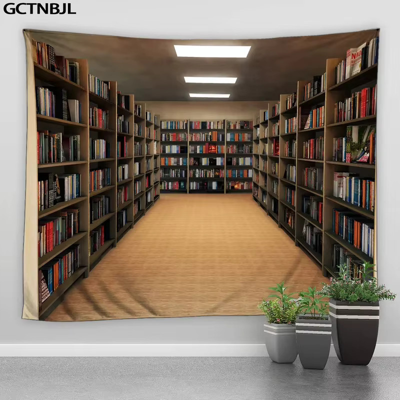 VIKAMA Retro Wandteppich Magische Bibliothek Fantasy-Kunst Illustration, Mehrfarbig - Bild 1
