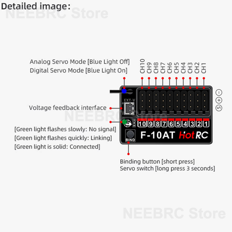 HotRC F-10AT 10-Kanal Gyro-Empfänger, 2,4G PWM, 1/2/4 Stück - Bild 2