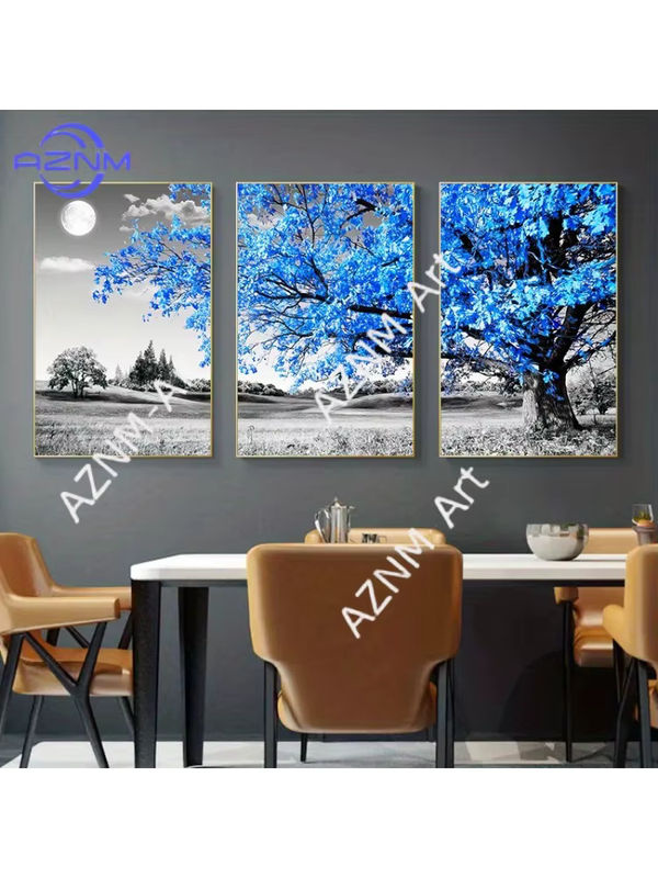 3-teiliges Leinwandposter AZNM mit blauem Baum in grauer Landschaft, skandinavische Wandkunst im Hochformat, rahmenlos - Bild 7