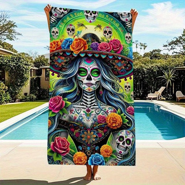 Dalangpa Strandtuch mit Schädel-Blumen-Druck in Weiß und Multicolour, schnelltrocknend und ultrafeine Faser, Breite: 40 cm, Höhe: 60 cm - Bild 1