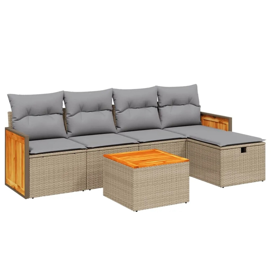 vidaXL 6-tlg Garten-Sofagarnitur L-Form aus Poly Rattan in Beige mit Kissen und Metallgestell - Bild 2