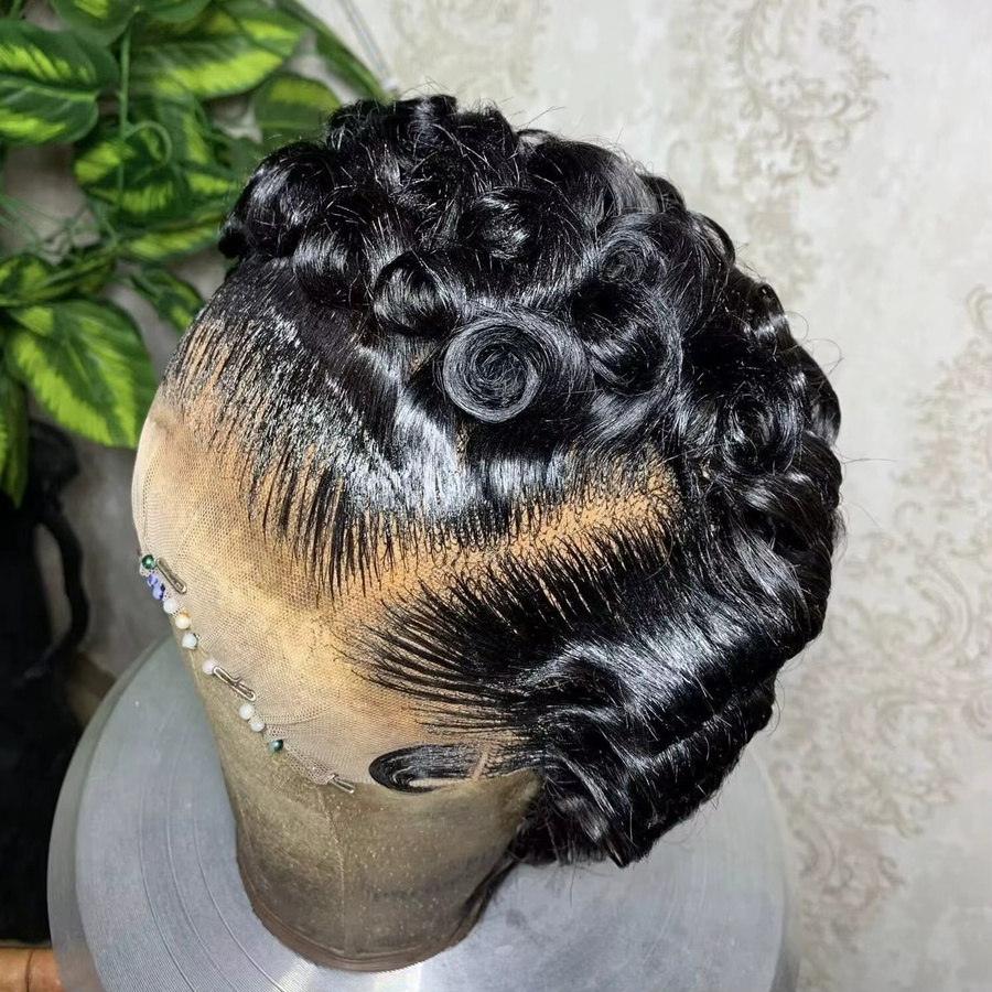 UVEOUS Pixie Cut Echthaarperücke, 13x4 HD Lace Frontal, Lockig - Bild 2