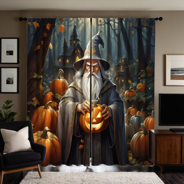 2er-Set Halloween Vorhang mit Kürbis-Motiv in Grau und Schwarz, digital bedruckter Dekorschal, B: 132 cm, H: 160 cm - Bild 1