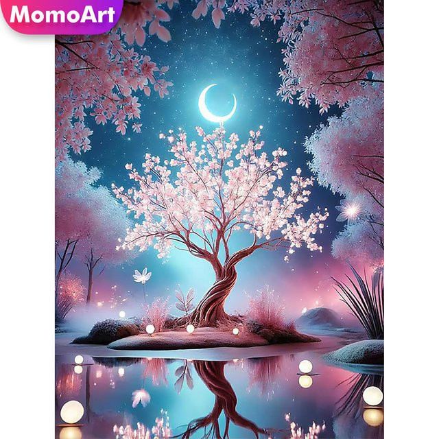 Momoart 5D-Diamant-Mosaik Baumlandschaft DIY-Stickerei mit runden Steinen in Multicolour, B/H: 20 x 30 cm - Bild 1