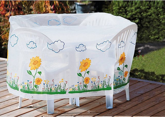 Abdeckhaube für Tisch und Stühle mit Sonnenblumen-Design von viva domo in Weiß und Gelb - Bild 1