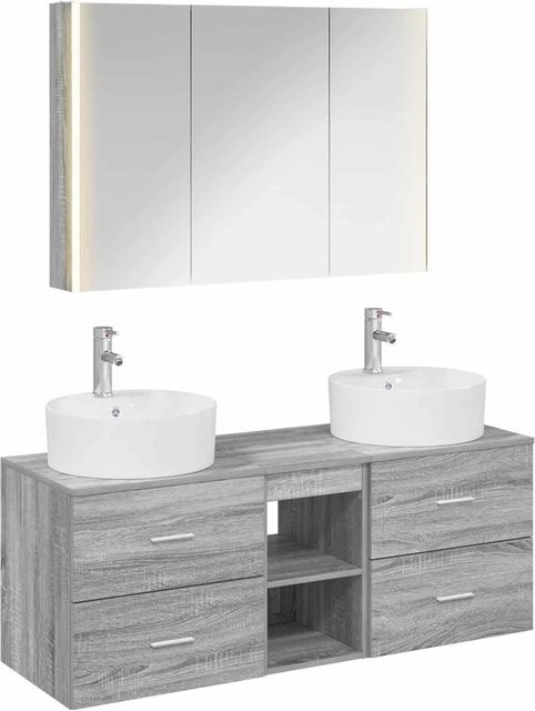 vidaXL Badezimmermöbel-Set 4-teilig in Grau, modern gestaltet mit Waschtischunterschrank, Spiegelschrank und Wandschrank aus Holz und Glas mit LED-Beleuchtung - Bild 1