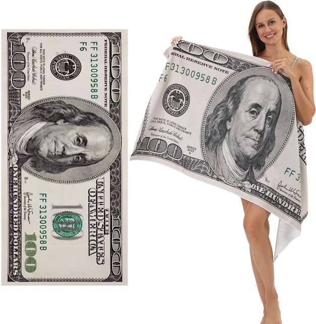 Strandtuch mit Dollar-Print von JMG Household Supplies aus Mikrofaser, schnelltrocknend und saugfähig, Farbe: Weiß, B/T: 70 x 140 cm - Bild 1