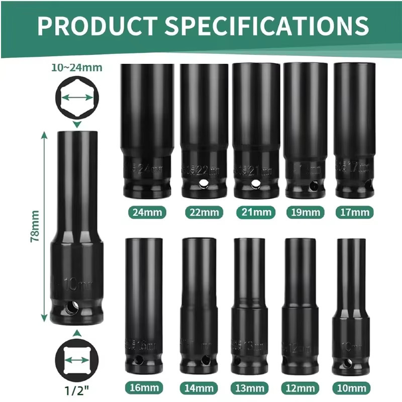 10-teiliges Schlagschrauber-Set in Grün, 1/2 Zoll metrische tiefe Steckschlüssel von 10 bis 24 mm für pneumatische Schraubenschlüssel und Reifenwechsel - Bild 2