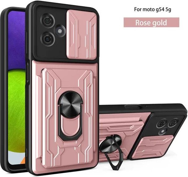 Stoßfeste Schutzhülle für Motorola Moto G54 5G mit Ringhalter, Kartenfach und Schiebeobjektiv in Pink - Bild 1