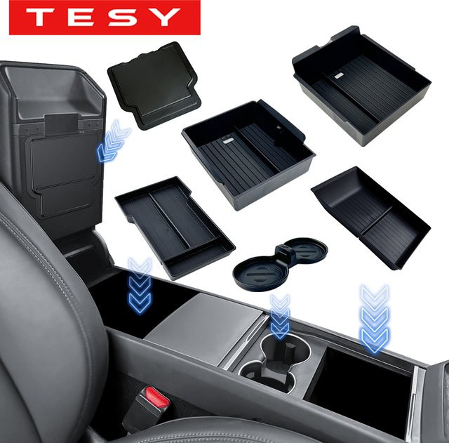TESY Silikon-Aufbewahrungsbox für Tesla Model Y Premium Performance Juniper Launch Center Konsole, Oberes & Unteres Pad, Schwarz - Bild 1