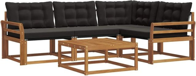 vidaXL Outdoor-Sofagarnitur 5-teilig in L-Form aus Akazienholz und Textilene mit Kissen in Schwarz und Natur - Bild 1