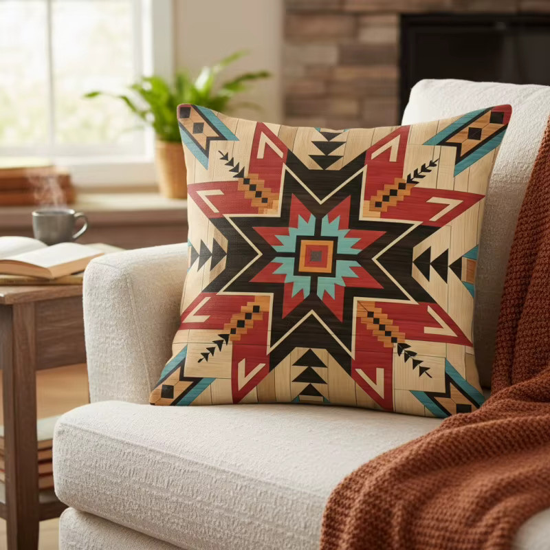 VIKAMA 4-teiliges Set dekorative Kissenbezüge im Bohemian Southern Aztec Navajo Design, petrol und mehrfarbig, quadratisch, B/T/H: 45 x 45 x 45 cm - Bild 5