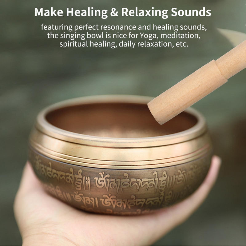 Handgefertigte Tibetische Klangschale von TOMTOP JMS aus Messing und Holz in Gold für Meditation und Musiktherapie - Bild 6
