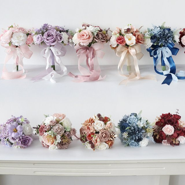 YeeNanee Rustikaler Hochzeitsstrauß aus künstlichen Textilblumen in Blau und Rosa, 22,86 cm Durchmesser - Bild 1