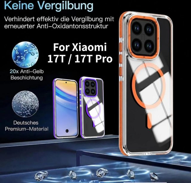 Transparente magnetische Acryl-Schutzhülle für Xiaomi 17T, 15T und 14T Pro mit farbigem Anti-Rutsch-Streifen in Orange und Anti-Vergilbungs-Effekt - Bild 1