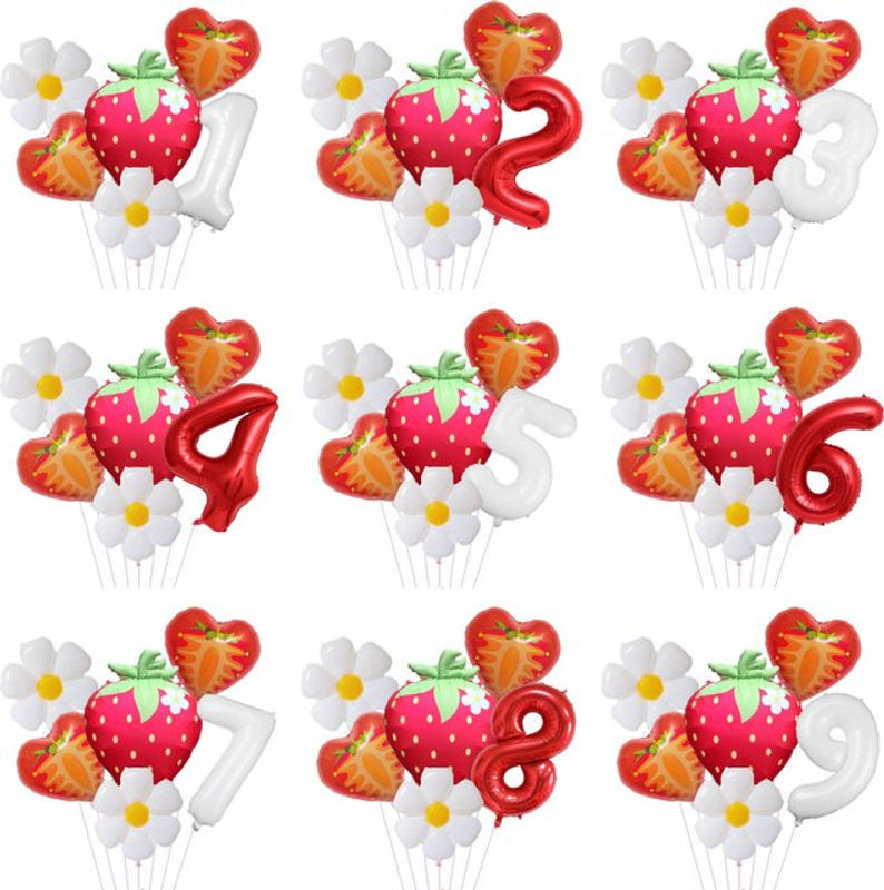 RENYUAN 6er Set Folienballons mit Zahlen 0-9 und Erdbeer- sowie Gänseblümchen-Motiv, 32 Zoll, mehrfarbig, Party-Dekoration für Geburtstag und Babyparty - Bild 1