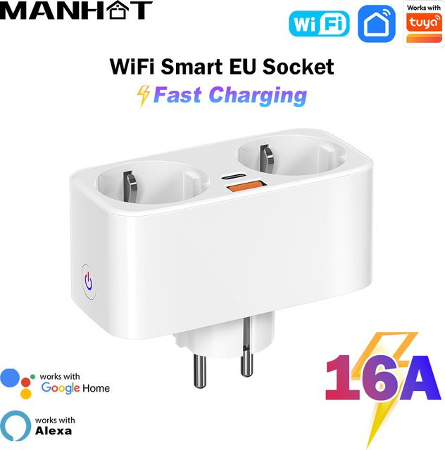 MANHOT 2-in-1 WLAN Smart-Steckdose mit PD20W/25W Schnellladestecker, Dual-Outlet, Weiß, kompatibel mit Tuya, Alexa und Google Home - Bild 1
