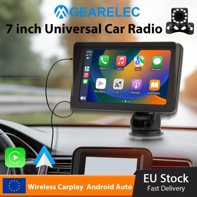 GEARELEC 7 Zoll tragbares Autoradio mit kabellosem CarPlay, Android Auto und FM-Rückfahrkamera in Schwarz - Bild 1
