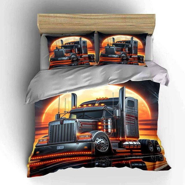 Dreiteiliges Bettwäscheset mit LKW-Motiv aus Mikrofaser, Mehrfarbig, B/H: 180 x 210 cm - Bild 1