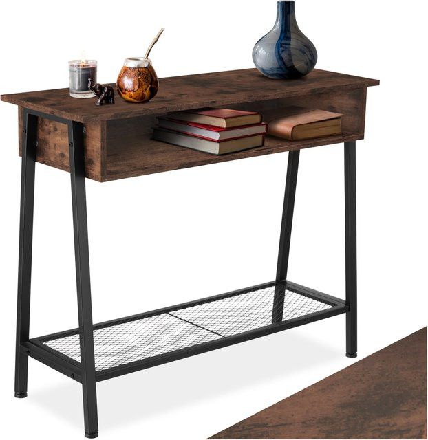 tectake Konsolentisch Tralee Industrial Style in Braun mit Ablage und Gitterablage, B/T/H: 100 x 35 x 80,5 cm - Bild 1