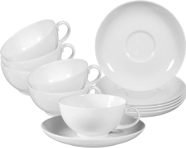 Seltmann Weiden Teetassen mit Untertassen Rondo/Liane aus Porzellan, Weiß, 6er Set, 0,2 l pro Tasse - Bild 1