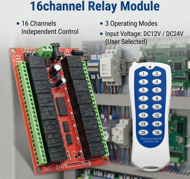 Scimagic-RC 16-Kanal RF Funkfernbedienungssystem mit Empfänger und Sender, 433MHz Relaisplatine für Hausautomation, 12V/24V, 3-Modus-Umschaltung - Bild 1