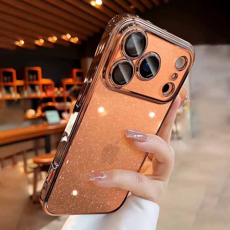 Glitzernde transparente Handyhülle von Xeber mit Kameraschutz für iPhone 17 Pro Max, 16, 15, 14 Plus und 17 Air in Gold und Grau - Bild 2