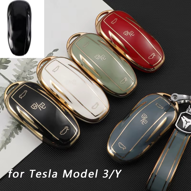 Tesla Modell 3 und Modell Y Schlüsselhülle aus TPU mit Goldrand als Schutzzubehör - Bild 2