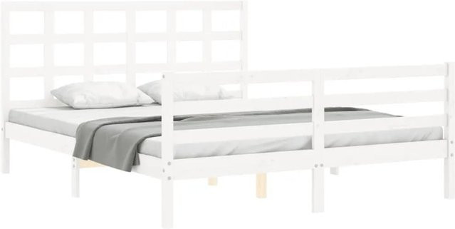 vidaXL Massivholzbett aus Kiefernholz mit Kopfteil in Weiß, rustikale Optik, B/T/H: 160 x 200 x 165,5 cm - Bild 1